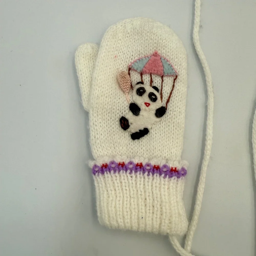 Vtg Baby‎ Mittens with String | Panda, Balloon, Parachute | 1980s 100% Acrylic
